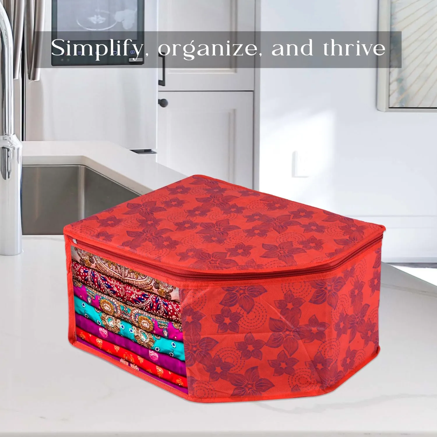 Kuber Industries Blouse Cover | Clothes Storage Bag | Zipper Wardrobe Organizers | Non-Woven Clothes Organiser | Side Transparent Blouse Organizer | New Flower-Design | Pack of 6 | Red