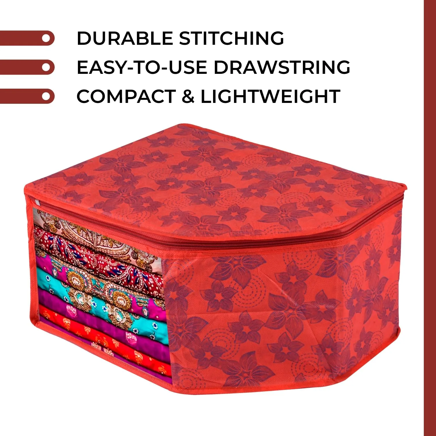 Kuber Industries Blouse Cover | Clothes Storage Bag | Zipper Wardrobe Organizers | Non-Woven Clothes Organiser | Side Transparent Blouse Organizer | New Flower-Design | Pack of 6 | Red