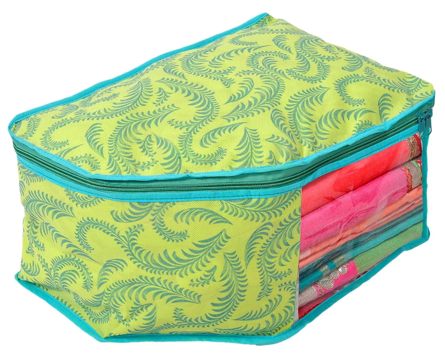 Kuber Industries Leaf Printed Non-Woven Blouse Cover/Organizer With Front Window- Pack of 4 (Green)-44KM0531