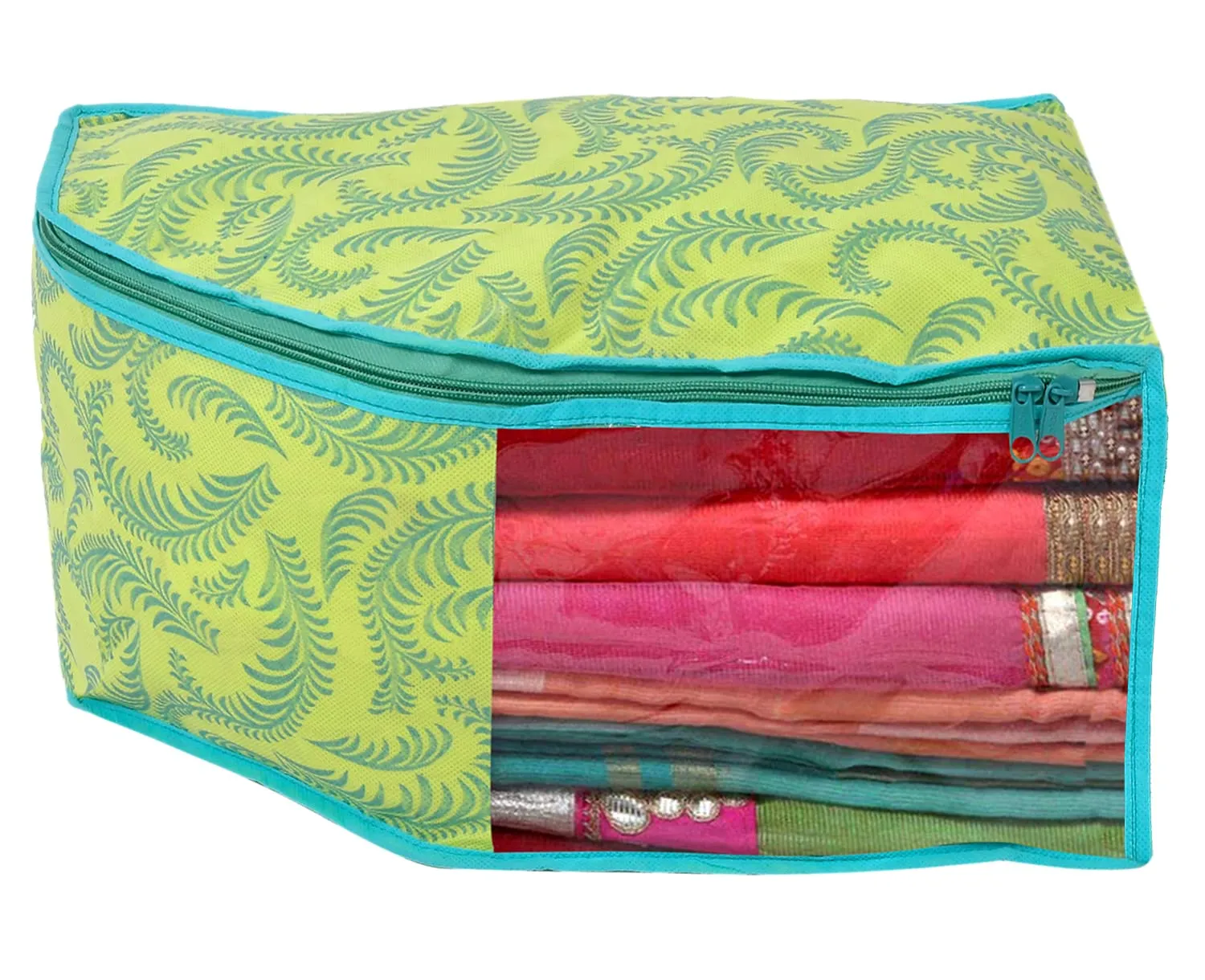 Kuber Industries Leaf Printed Non-Woven Blouse Cover/Organizer With Front Window- Pack of 4 (Green)-44KM0531