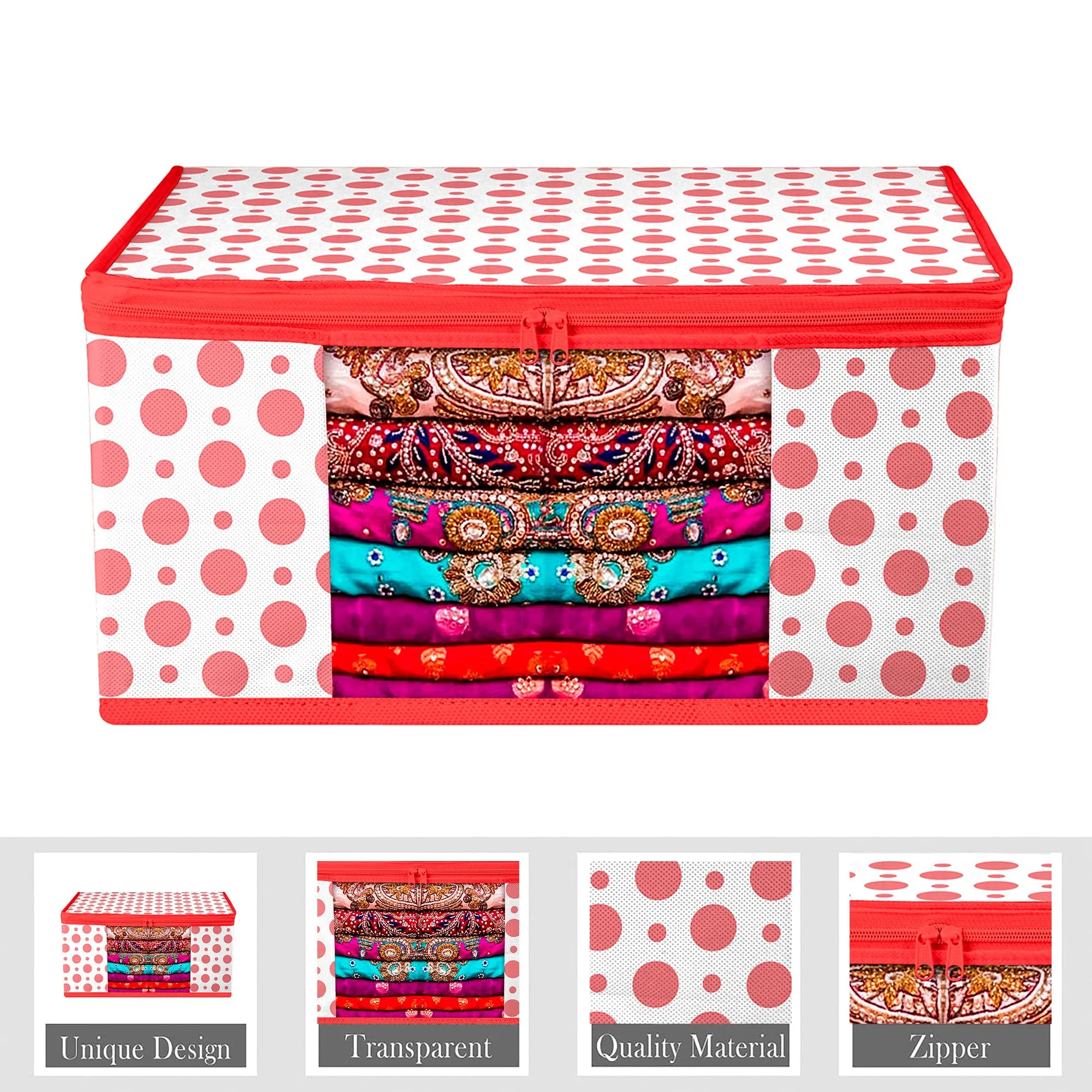 Kuber Industries Saree Cover & Blouse Cover Set | Saree & Blouse Organizer Combo Set | 2 Pieces Blouse & 2 Pieces Saree Cover Set | Zipper Closure | Dot-Design | Set of 4 | Red