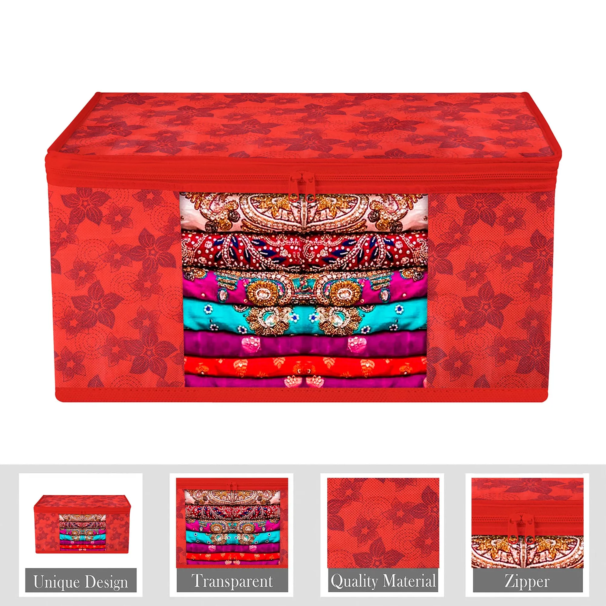 Kuber Industries Saree Cover & Blouse Cover Set | Saree & Blouse Organizer Combo Set | 3 Pieces Blouse & 3 Pieces Saree Cover Set | Zipper Closure | Flower-Design | Set of 6 | Red