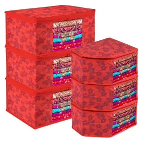 Kuber Industries Saree Cover & Blouse Cover Set | Saree & Blouse Organizer Combo Set | 3 Pieces Blouse & 3 Pieces Saree Cover Set | Zipper Closure | Flower-Design | Set of 6 | Red