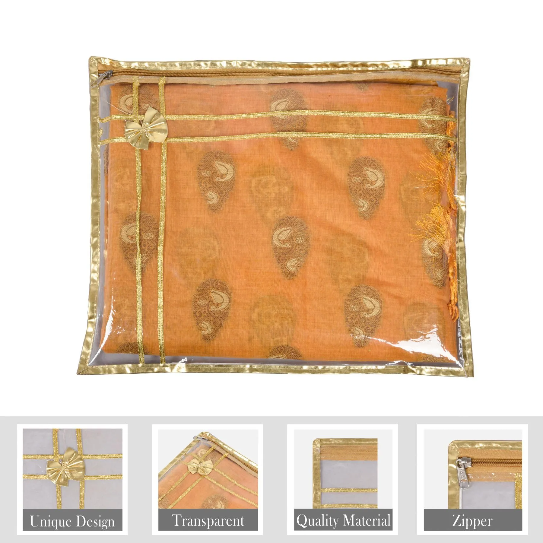 Kuber Industries Saree Cover | Clothes Storage Bag | Single Packing Saree with Zip Closure | Wardrobe Organizer | Cloth Stoarge Organizer | Bow Design with Golden Border | Pack of 9 | Transparent