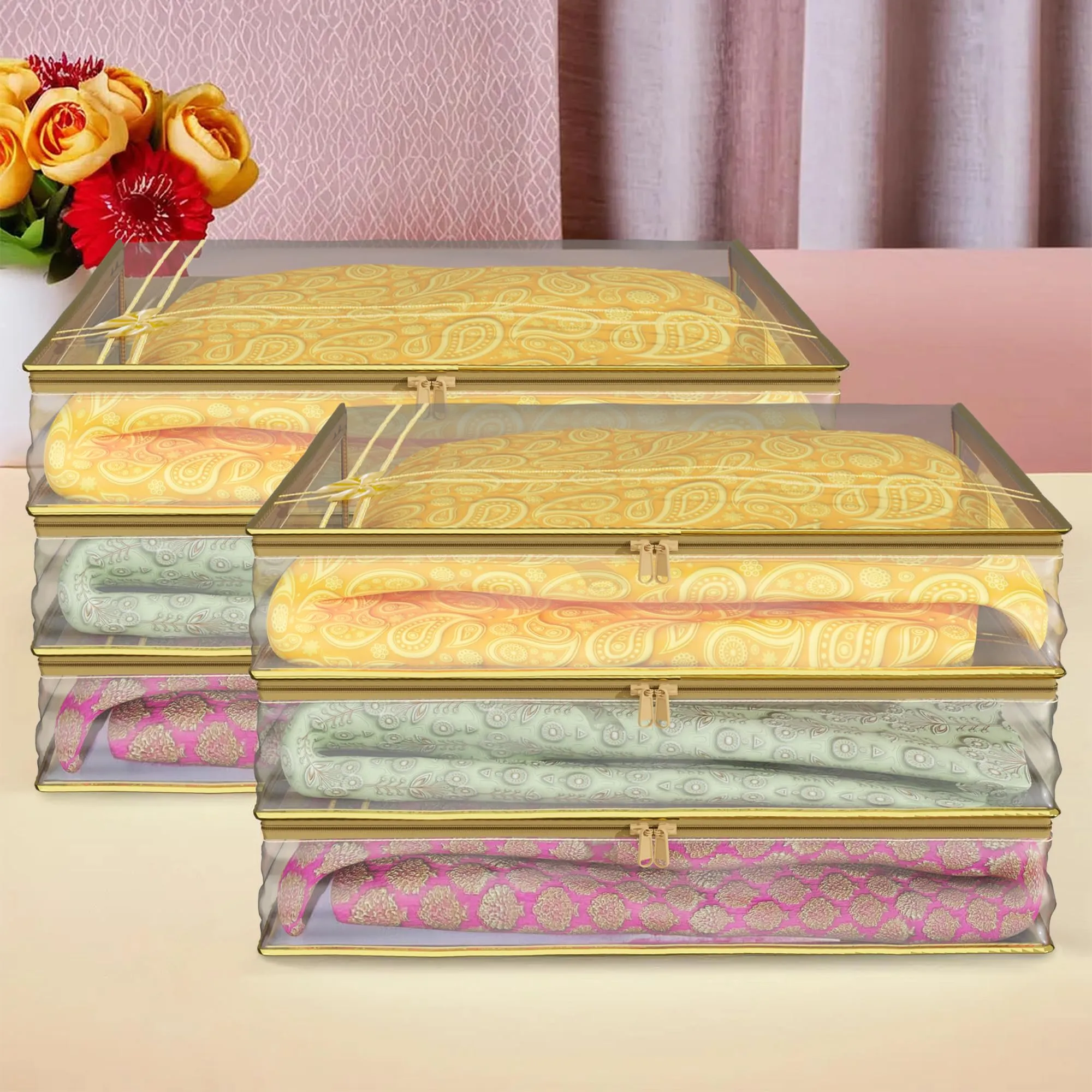 Kuber Industries Saree Cover | Clothes Storage Bag | Suit Packing Cover | Cloth Stoarge Organizer | Wardrobe Cloth Storage Organiser with Zip | Bow Transparent | 3 Inch | Pack of 6 | Golden