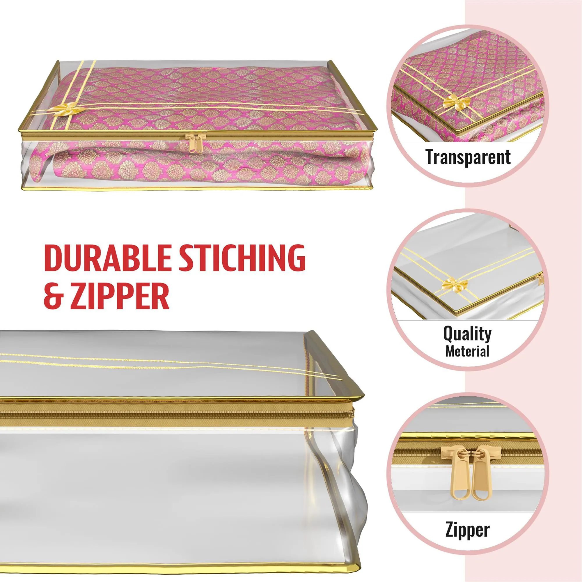 Kuber Industries Saree Cover | Clothes Storage Bag | Suit Packing Cover | Cloth Stoarge Organizer | Wardrobe Cloth Storage Organiser with Zip | Bow Transparent | 3 Inch | Pack of 6 | Golden