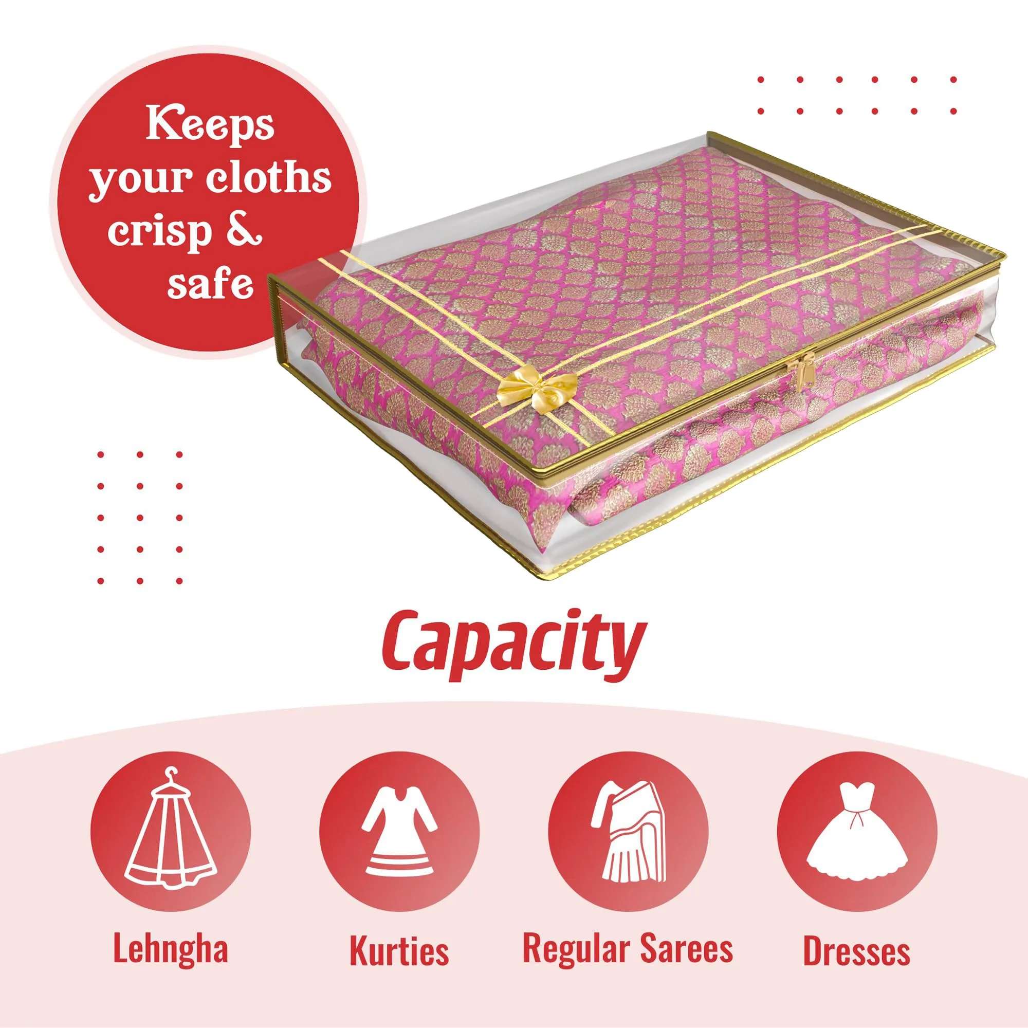 Kuber Industries Saree Cover | Clothes Storage Bag | Suit Packing Cover | Cloth Stoarge Organizer | Wardrobe Cloth Storage Organiser with Zip | Bow Transparent | 3 Inch | Pack of 6 | Golden