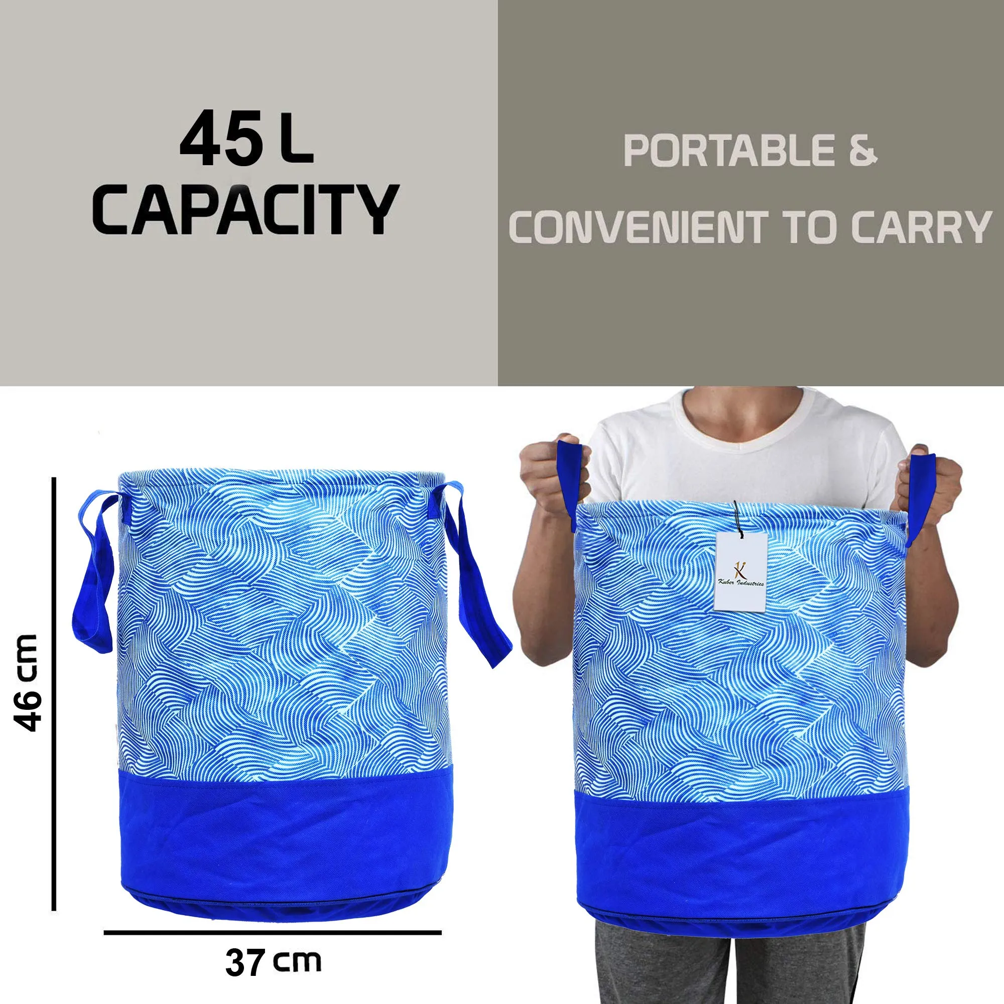 Kuber Industries Waterproof Round Canvas Laundry Bag/Hamper|Metalic Lahriya Print With Handles|Foldable Bin & 45 Liter Capicity|Size 37 x 37 x 49, Pack of 1 (Blue) CTKTC034624