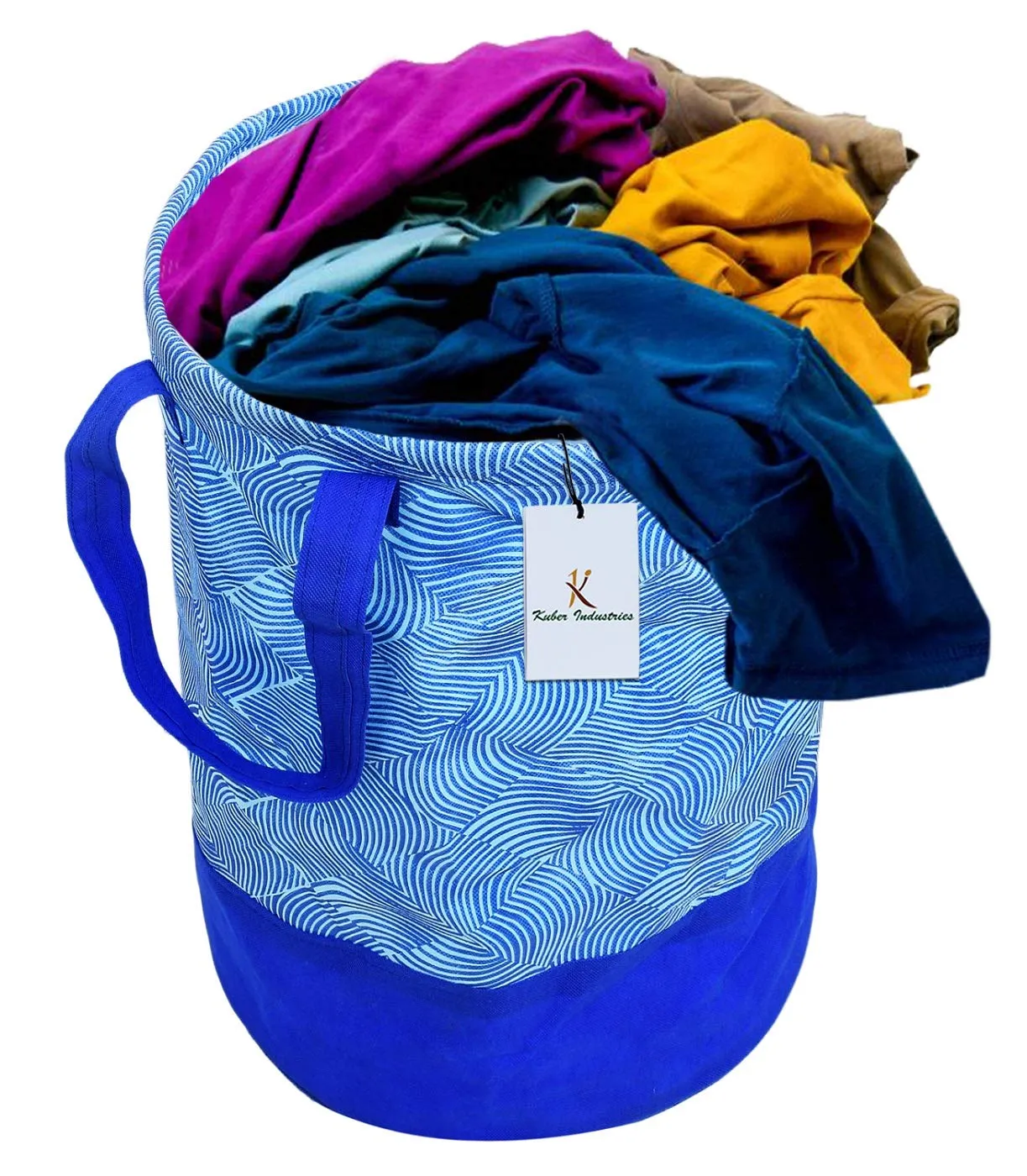 Kuber Industries Waterproof Round Canvas Laundry Bag/Hamper|Metalic Lahriya Print With Handles|Foldable Bin & 45 Liter Capicity|Size 37 x 37 x 49, Pack of 1 (Blue) CTKTC034624