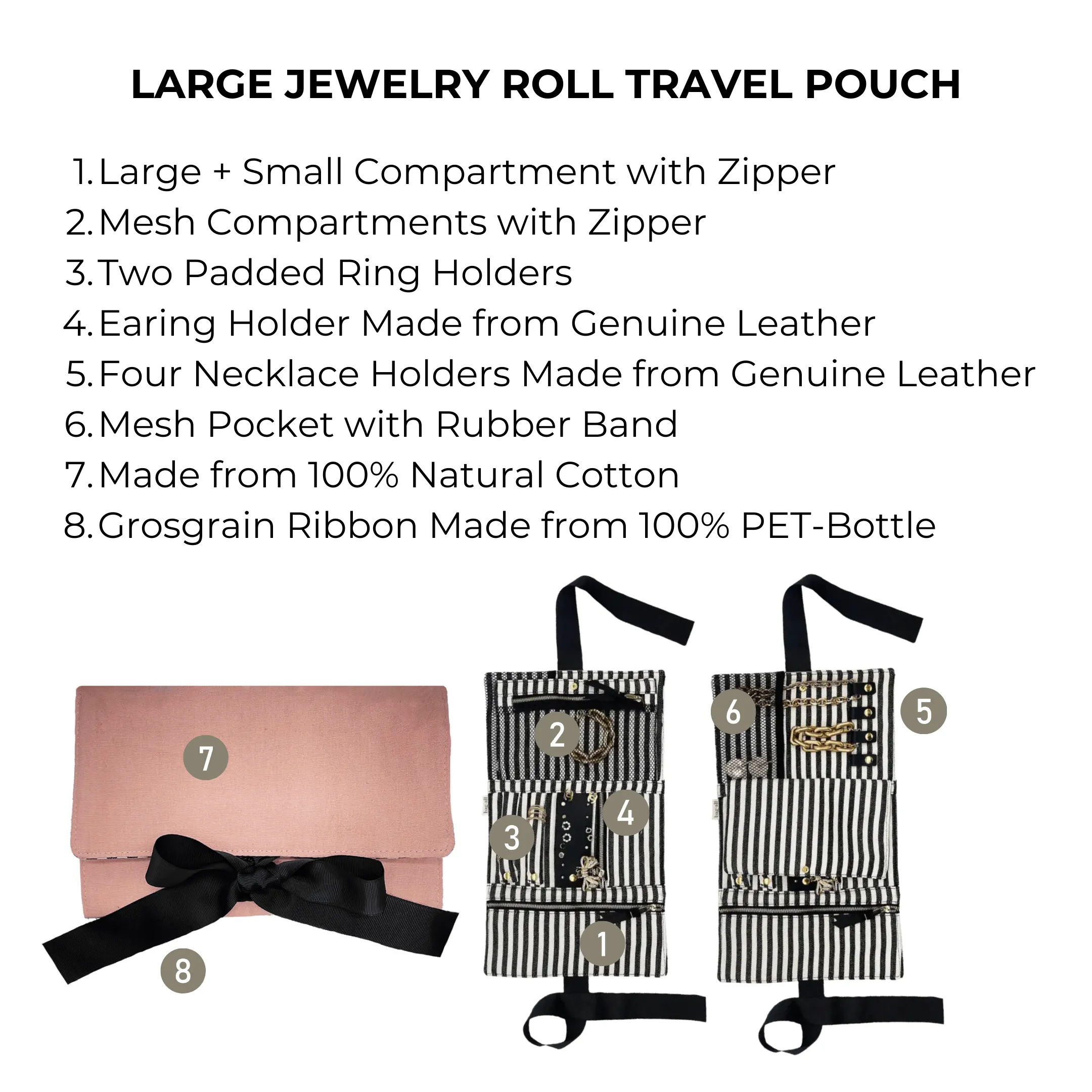 Large Jewelry Roll, Travel Pouch, Pink/Blush