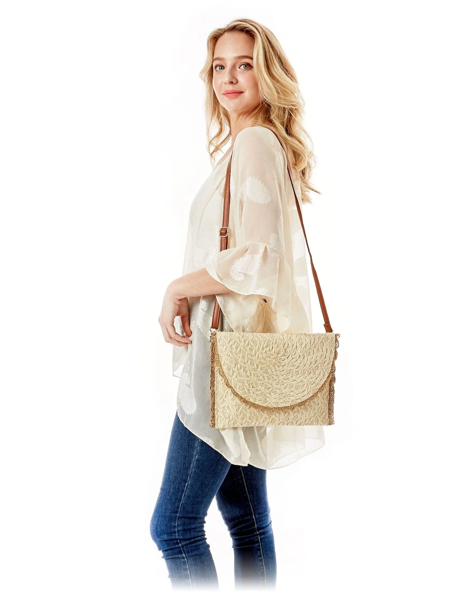 LOA387 Tori Weaved Straw Envelope Clutch Crossbody Bag