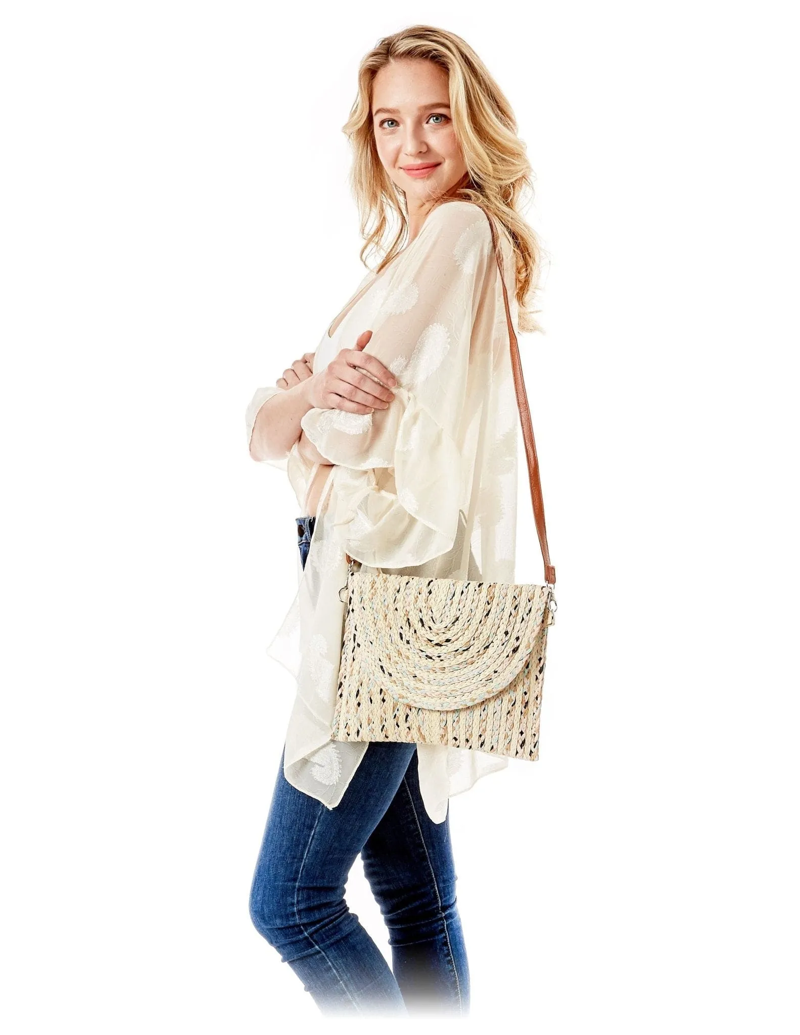 LOA388 Sandra Weaved Straw Envelope Clutch Crossbody Bag