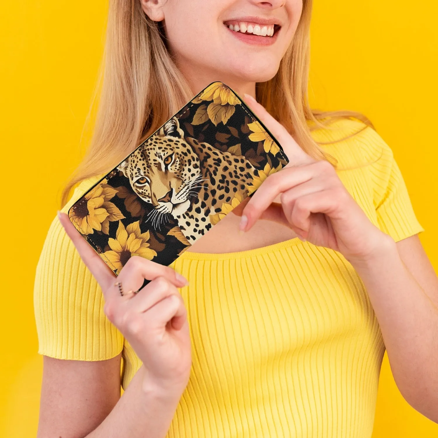 Long Type Zipper Purse - Cheetah, Sunflowers