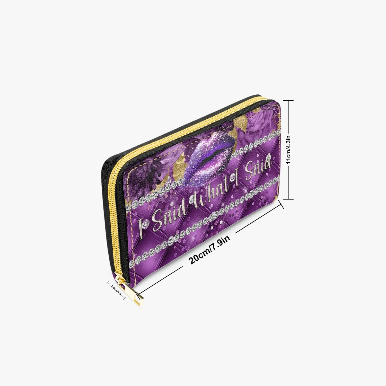 Long Type Zipper Purse - Purple Floral - Lips - I Said What I Said