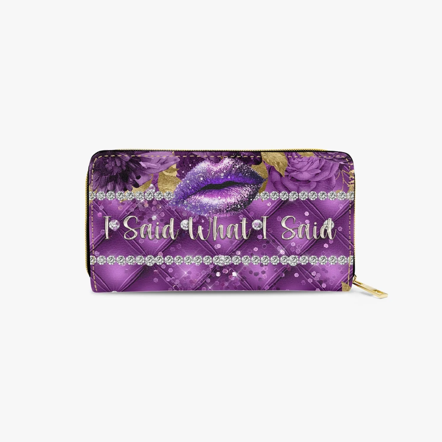 Long Type Zipper Purse - Purple Floral - Lips - I Said What I Said