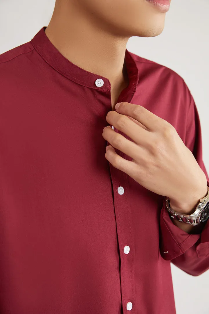 Mandarin Collar Long Sleeve Plain Shirt (Red or Pink) 6510