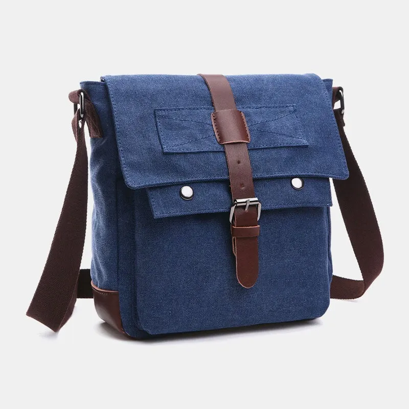 Men Canvas Leather Strap Insert Buckle Crossbody Bags Retro Casual Back Zipper Pocket Large Capacity Shoulder Bag