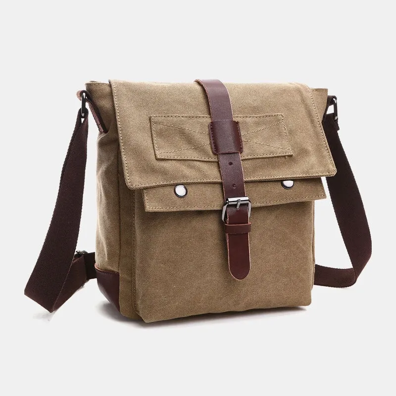 Men Canvas Leather Strap Insert Buckle Crossbody Bags Retro Casual Back Zipper Pocket Large Capacity Shoulder Bag