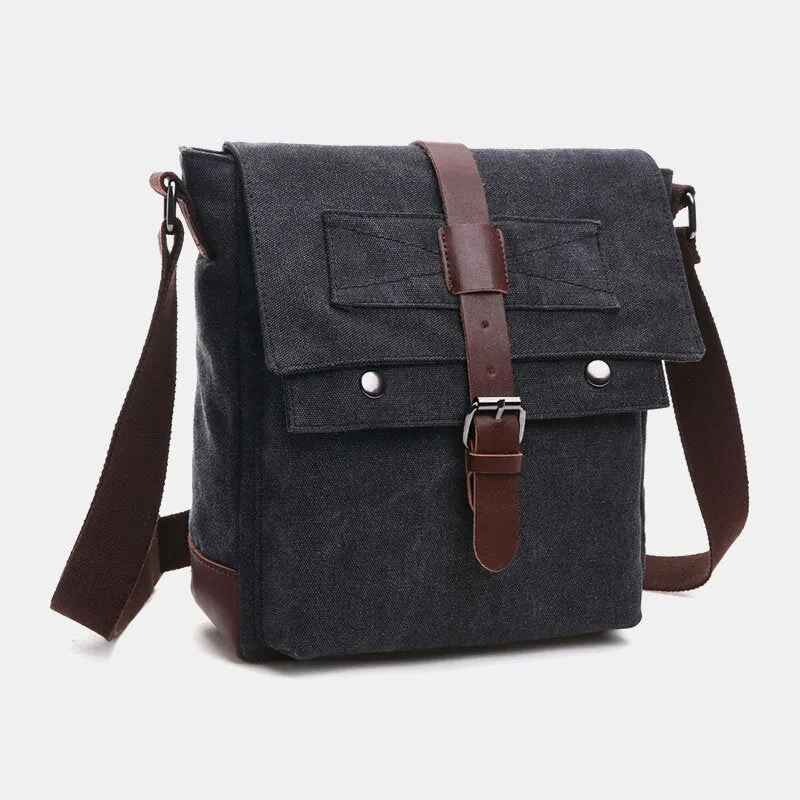 Men Canvas Leather Strap Insert Buckle Crossbody Bags Retro Casual Back Zipper Pocket Large Capacity Shoulder Bag