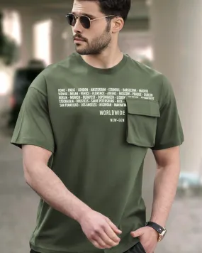 Men Olivegreen Oversized with Flap Pocket T-shirt