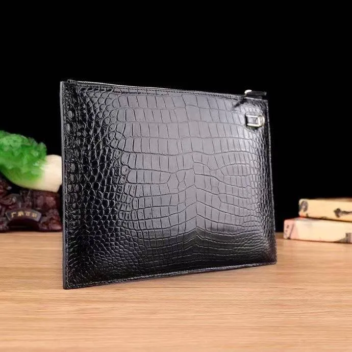 Mens Clutch Bags | Crocodile Skin Leather Zip Pouch Black