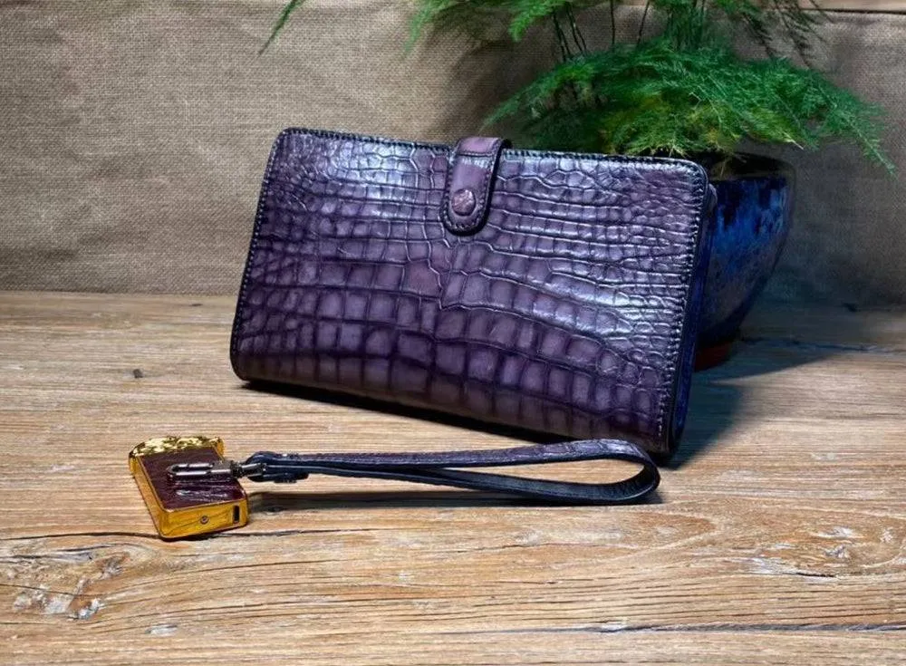 Mens Crocodile Leather Wallet Business Notebook Wrist Clutch Bag Vintage Purple