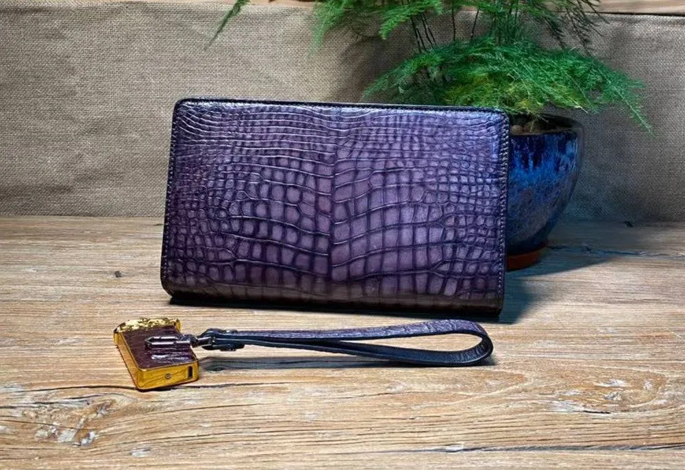 Mens Crocodile Leather Wallet Business Notebook Wrist Clutch Bag Vintage Purple