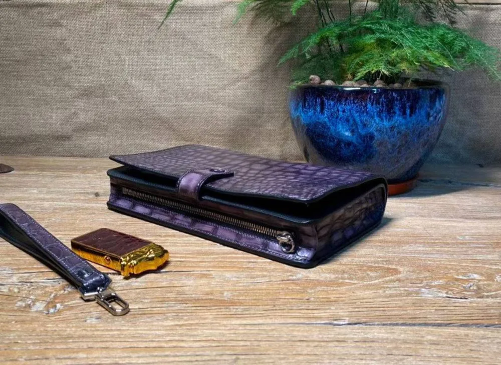 Mens Crocodile Leather Wallet Business Notebook Wrist Clutch Bag Vintage Purple