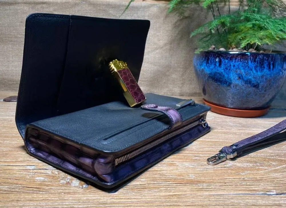 Mens Crocodile Leather Wallet Business Notebook Wrist Clutch Bag Vintage Purple