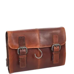 Mens Leather Wash Bag Hanging Cosmetics Toiletry Shaving Kit Travel Bag Link Brown