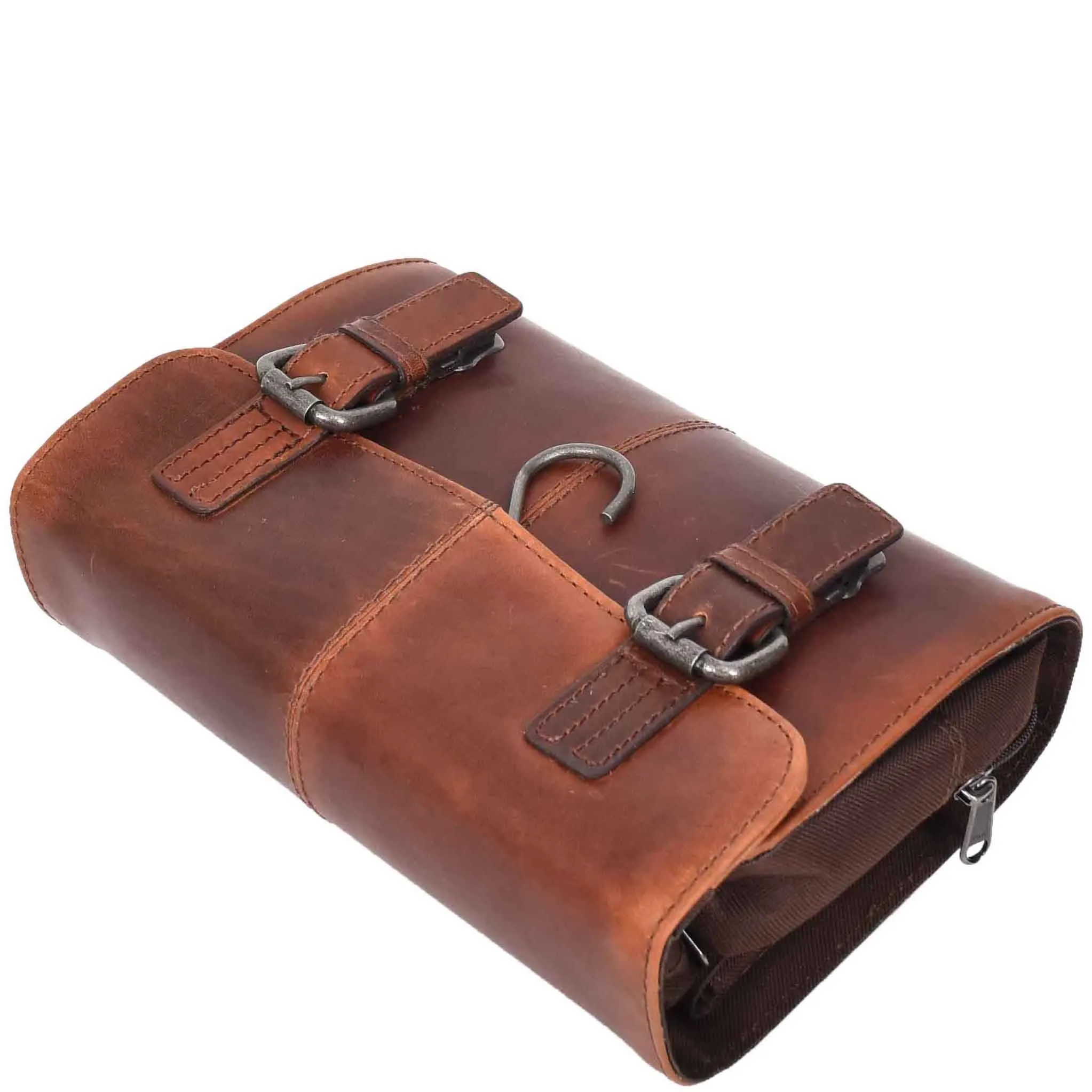 Mens Leather Wash Bag Hanging Cosmetics Toiletry Shaving Kit Travel Bag Link Brown