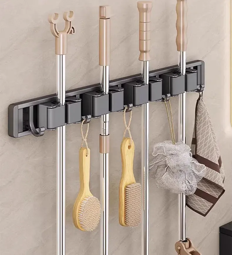 Mop and Broom Organizer Mop Holder Rack Mop Holder Wall Mounted Strong Broom Mop Holder Self With 5 Hooks Organizers Hang Broom