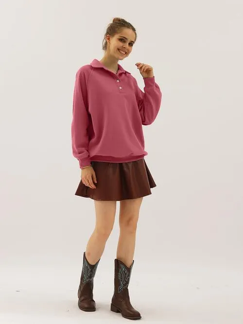 Ninexis Full Size Quarter-Button Collared Sweatshirt