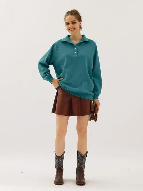 Ninexis Full Size Quarter-Button Collared Sweatshirt