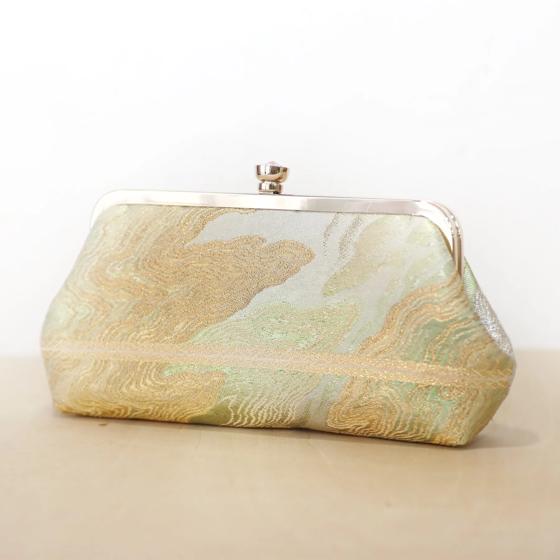 Ocean Kimono Clutch Purse in Moss Green and Gold | Upcycled from vintage Japanese Obi