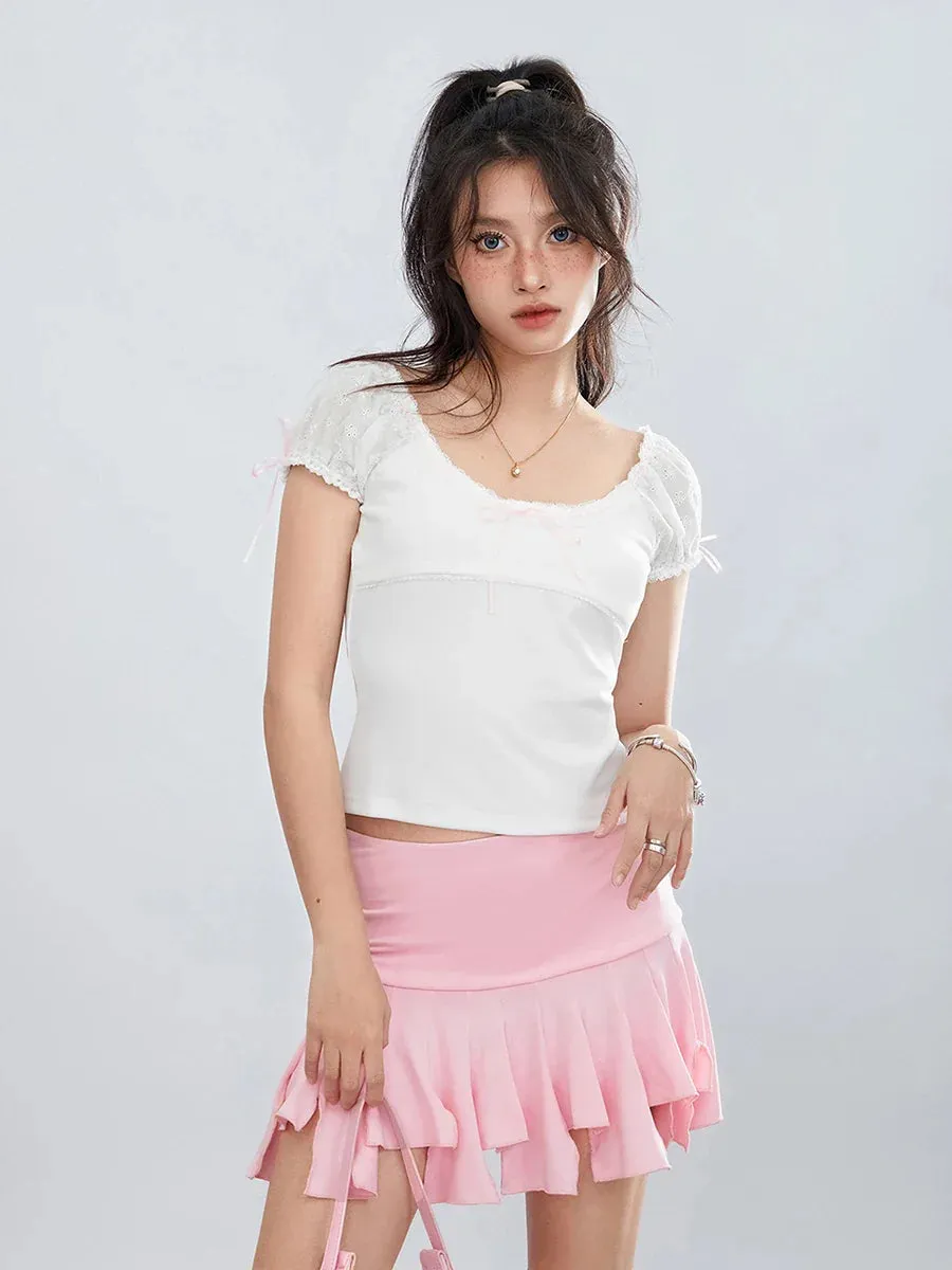 Out Solid Color Cap Sleeve Crew Neck Lace Trim Bow Front Going T-shirt