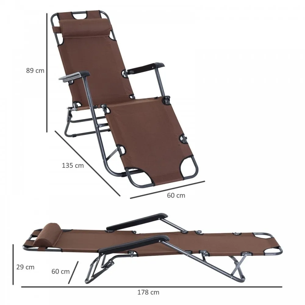 Outsunny 2 in1 Metal Frame Sun Lounger With Pillow - Brown