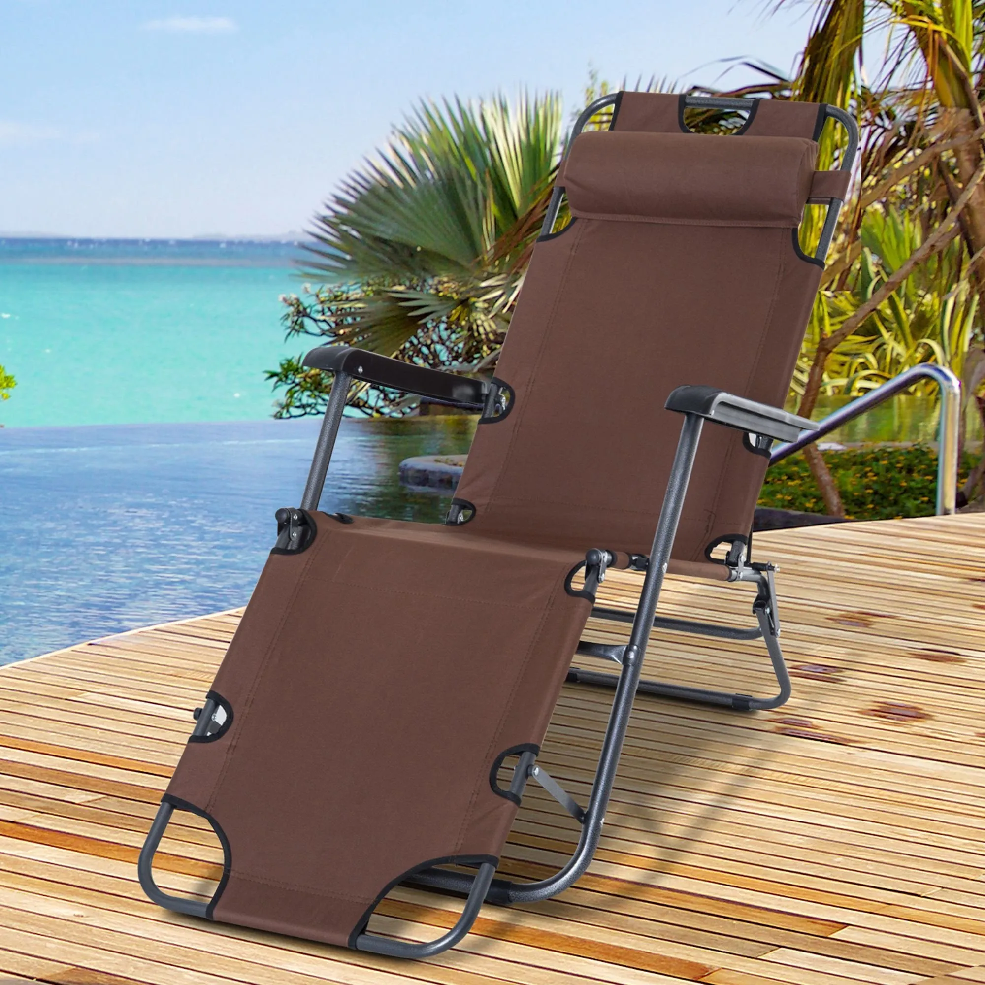 Outsunny 2 in1 Metal Frame Sun Lounger With Pillow - Brown