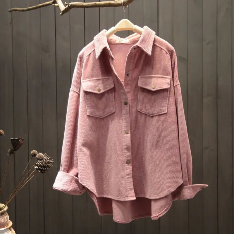 Oversize Women Corduroy Shirt Single Breasted Fashion Turn Down Collar Tops Casual Long Sleeve Pockets Female Shirt