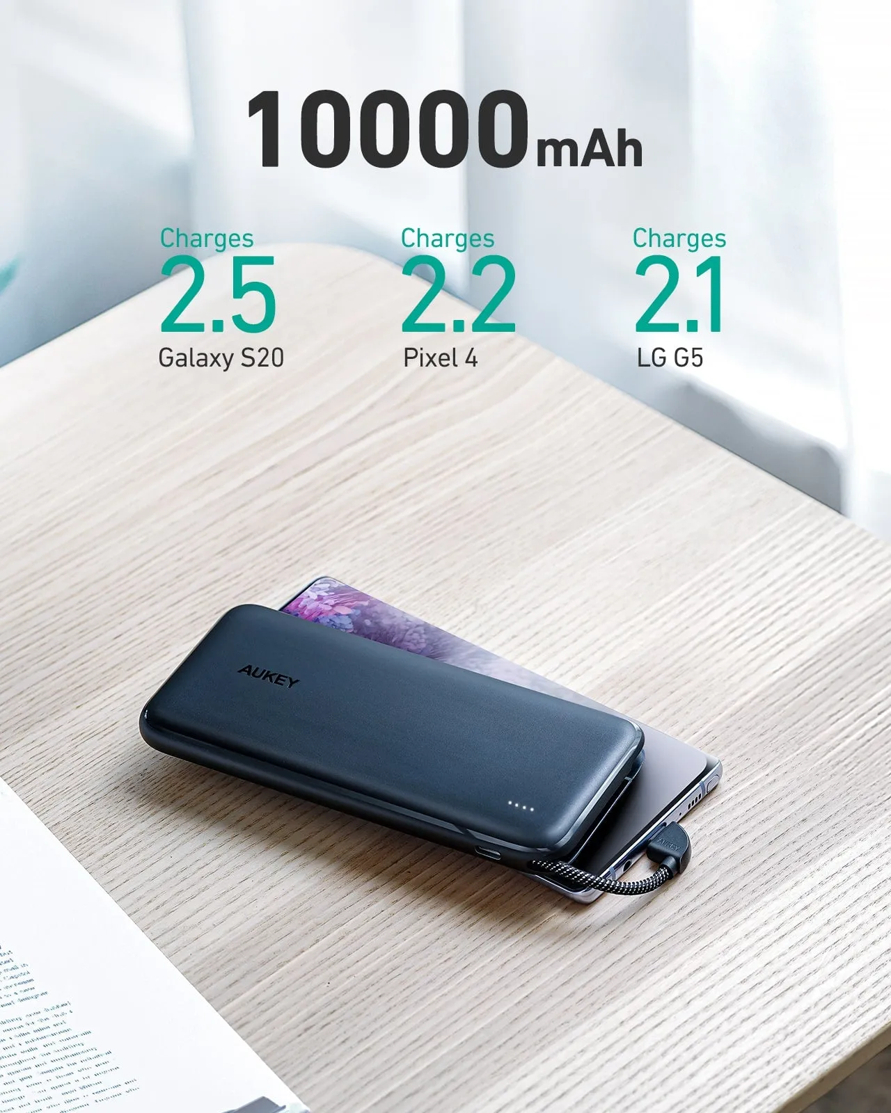 PB-N73C 10,000mAh 18W With Built-In USB-C Cable Ultra Thin Portable Charger 2-Port PD Fast Charge