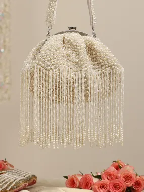 Pearl White Long Beaded Clutch Bag