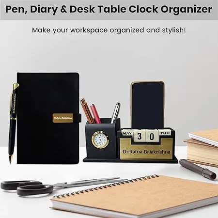 Personalized Desk Organizer With Diary Pen Set With Name - Black Golden