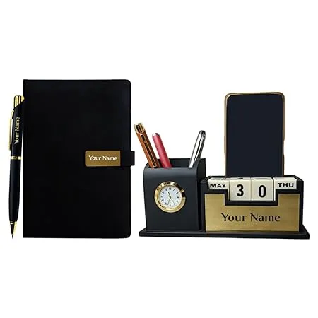 Personalized Desk Organizer With Diary Pen Set With Name - Black Golden