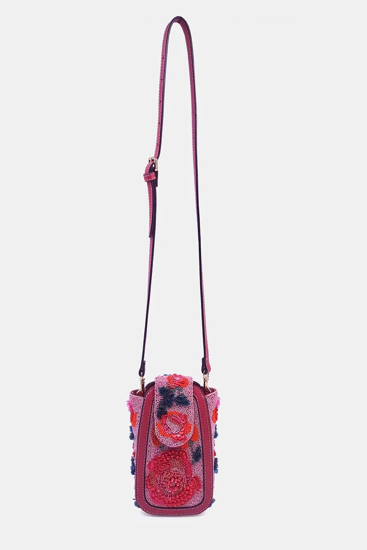 Pink & Multicolor Hand-Embroidered Clutch Bag with Bead Embellishments and Crossbody Strap