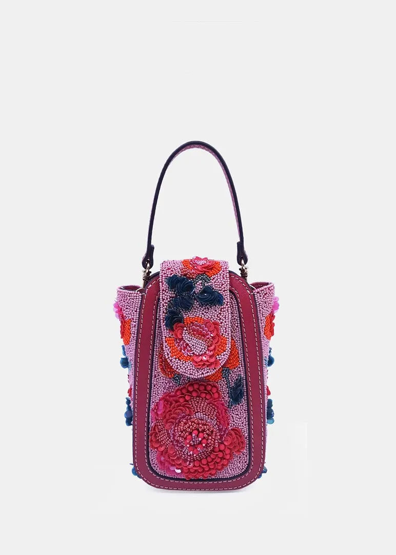 Pink & Multicolor Hand-Embroidered Clutch Bag with Bead Embellishments and Crossbody Strap