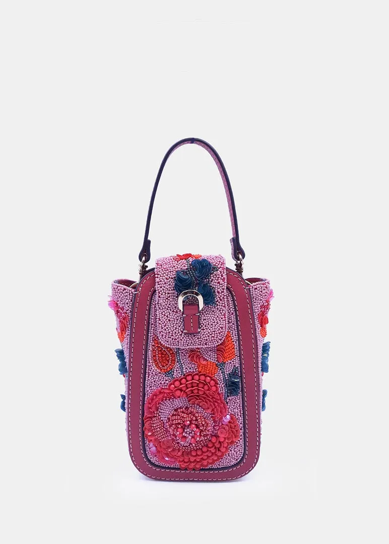 Pink & Multicolor Hand-Embroidered Clutch Bag with Bead Embellishments and Crossbody Strap