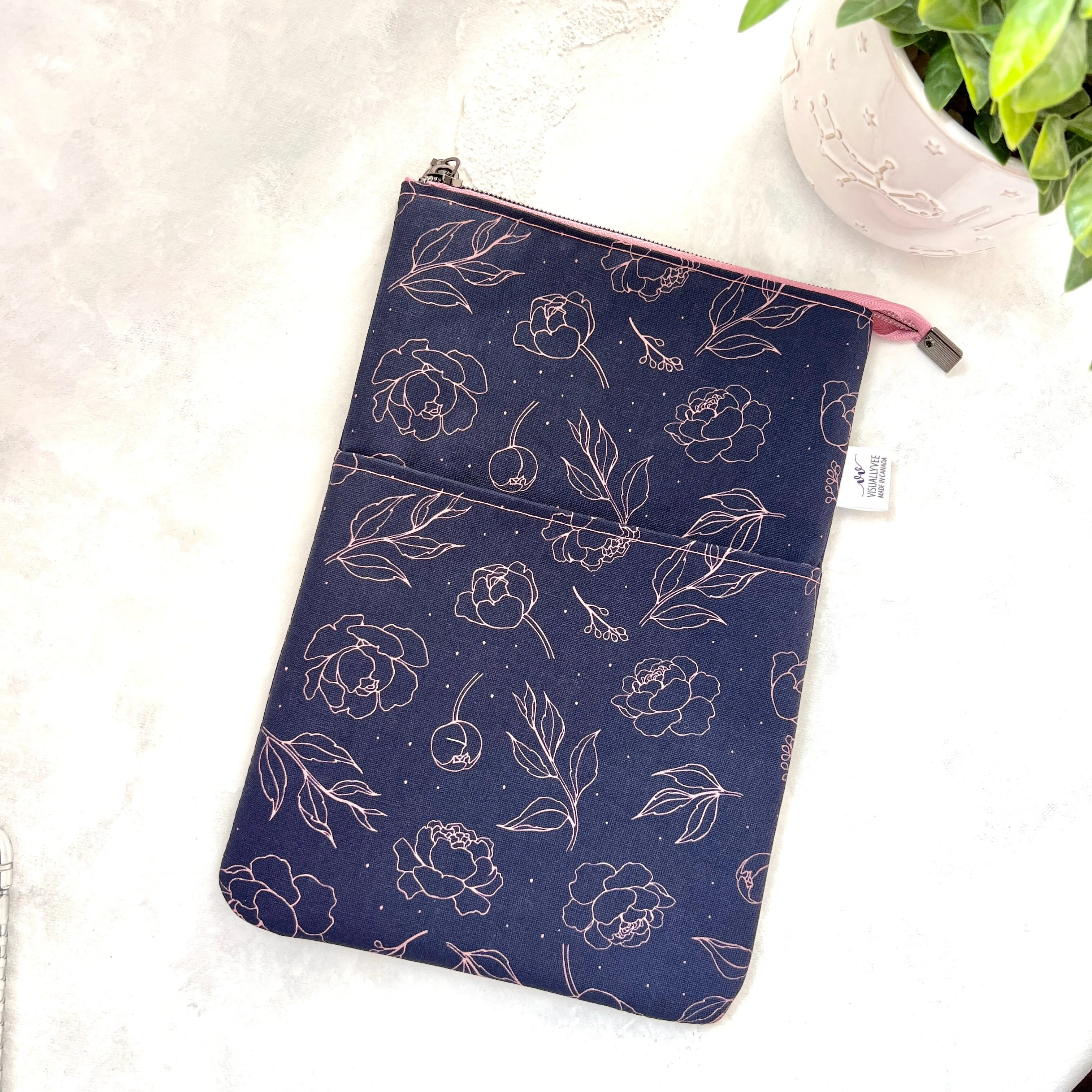 Pink Peonies on Navy -  Zippered Book Sleeve