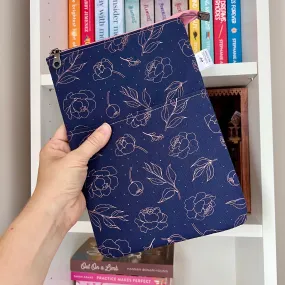 Pink Peonies on Navy -  Zippered Book Sleeve