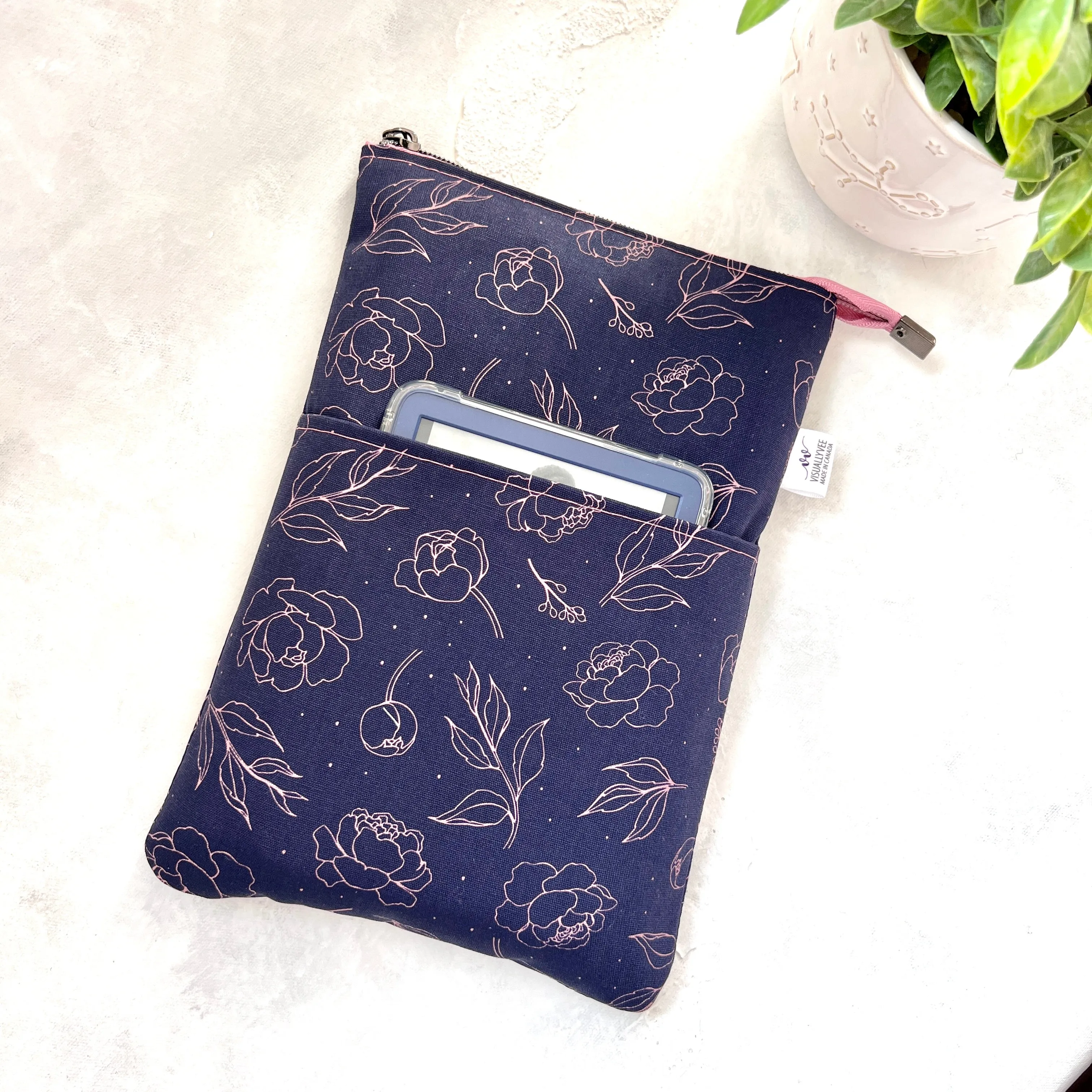 Pink Peonies on Navy -  Zippered Book Sleeve