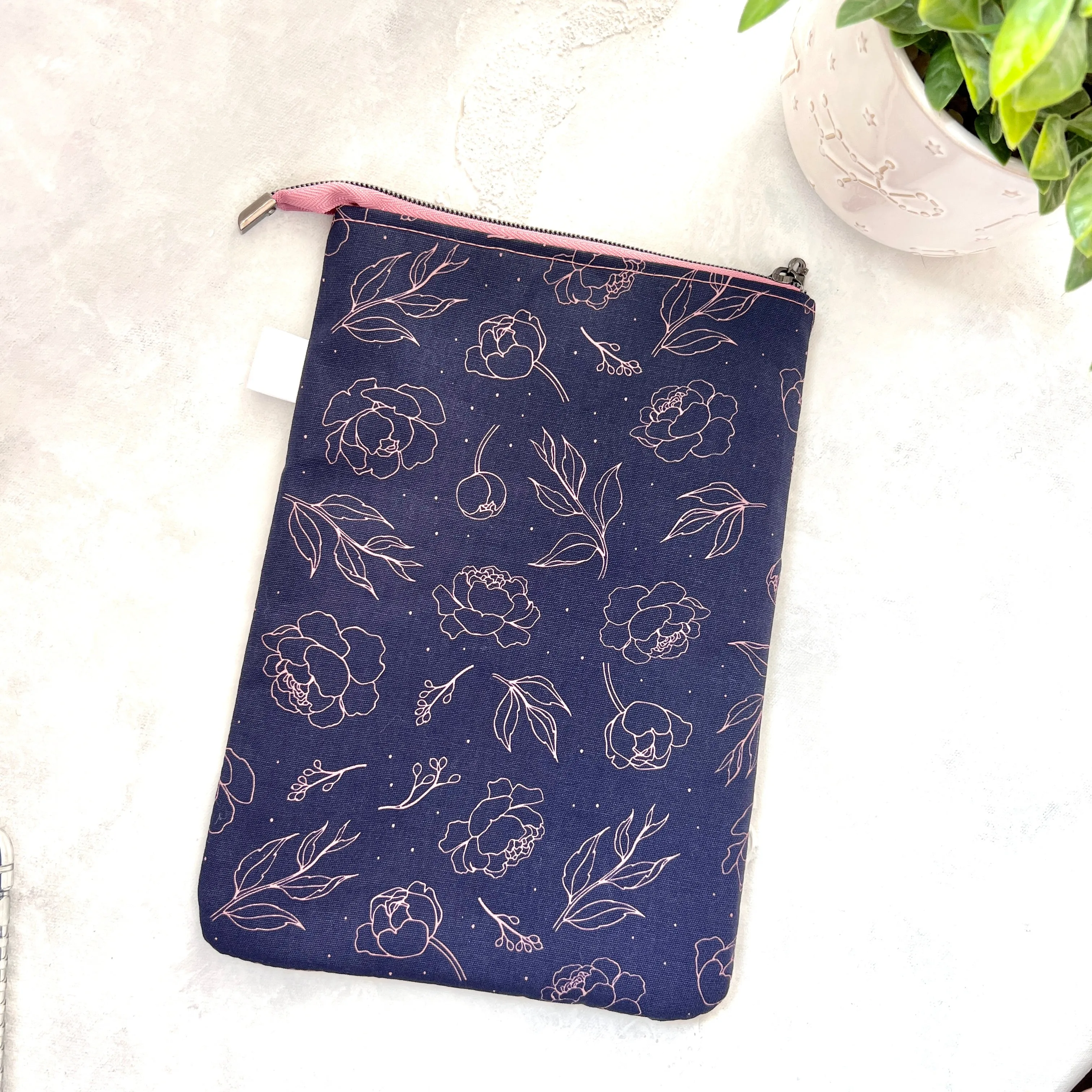 Pink Peonies on Navy -  Zippered Book Sleeve